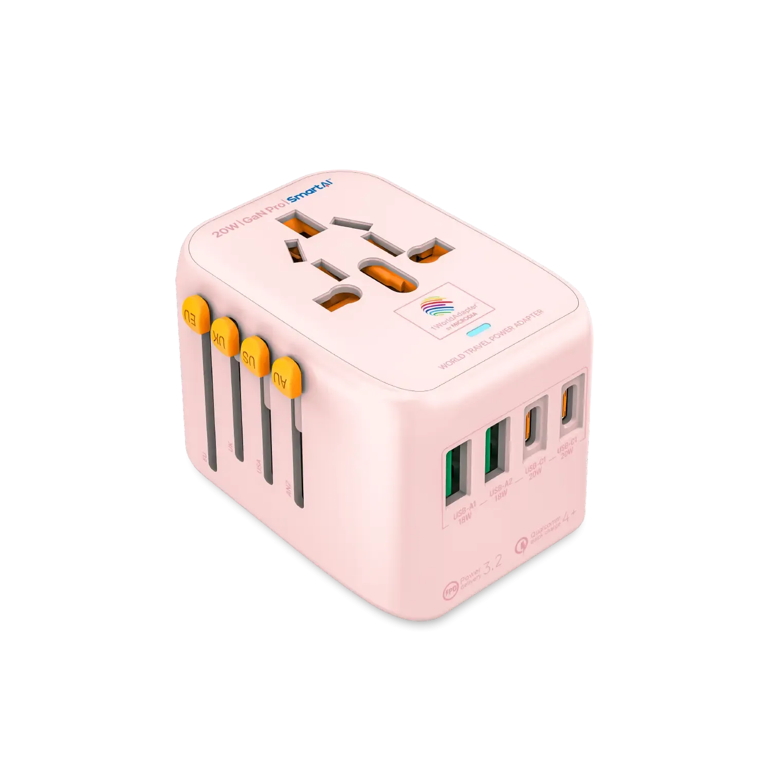 1WorldAdapter™ PD20W GaN Pro™ with 2 x USB-C PD3.2 & 2x USB-A QC4  PPS Fast Charging