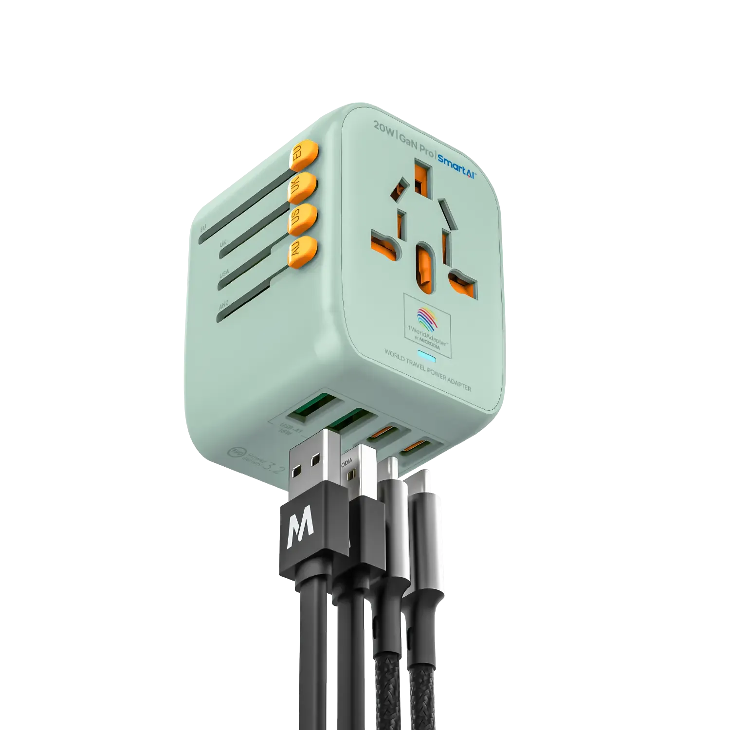 1WorldAdapter™ PD20W GaN Pro™ with 2 x USB-C PD3.2 & 2x USB-A QC4  PPS Fast Charging