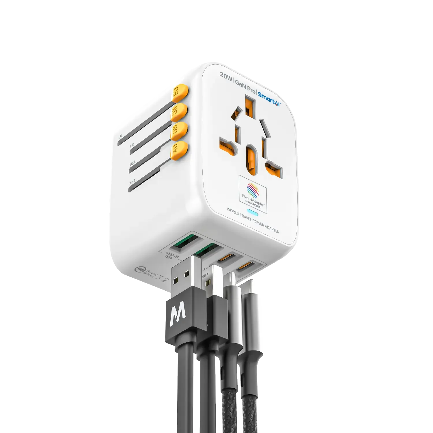 1WorldAdapter™ PD20W GaN Pro™ with 2 x USB-C PD3.2 & 2x USB-A QC4  PPS Fast Charging