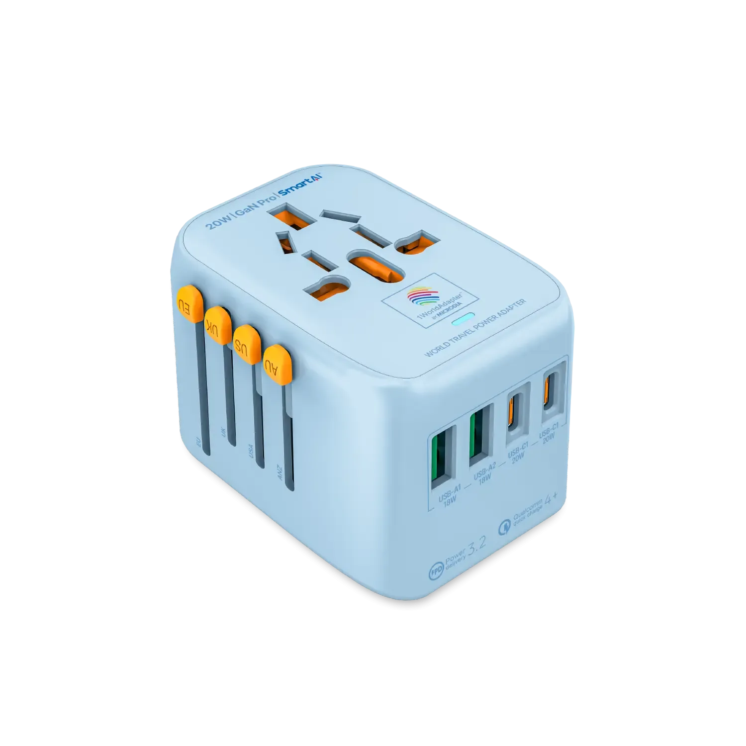 1WorldAdapter™ PD20W GaN Pro™ with 2 x USB-C PD3.2 & 2x USB-A QC4  PPS Fast Charging