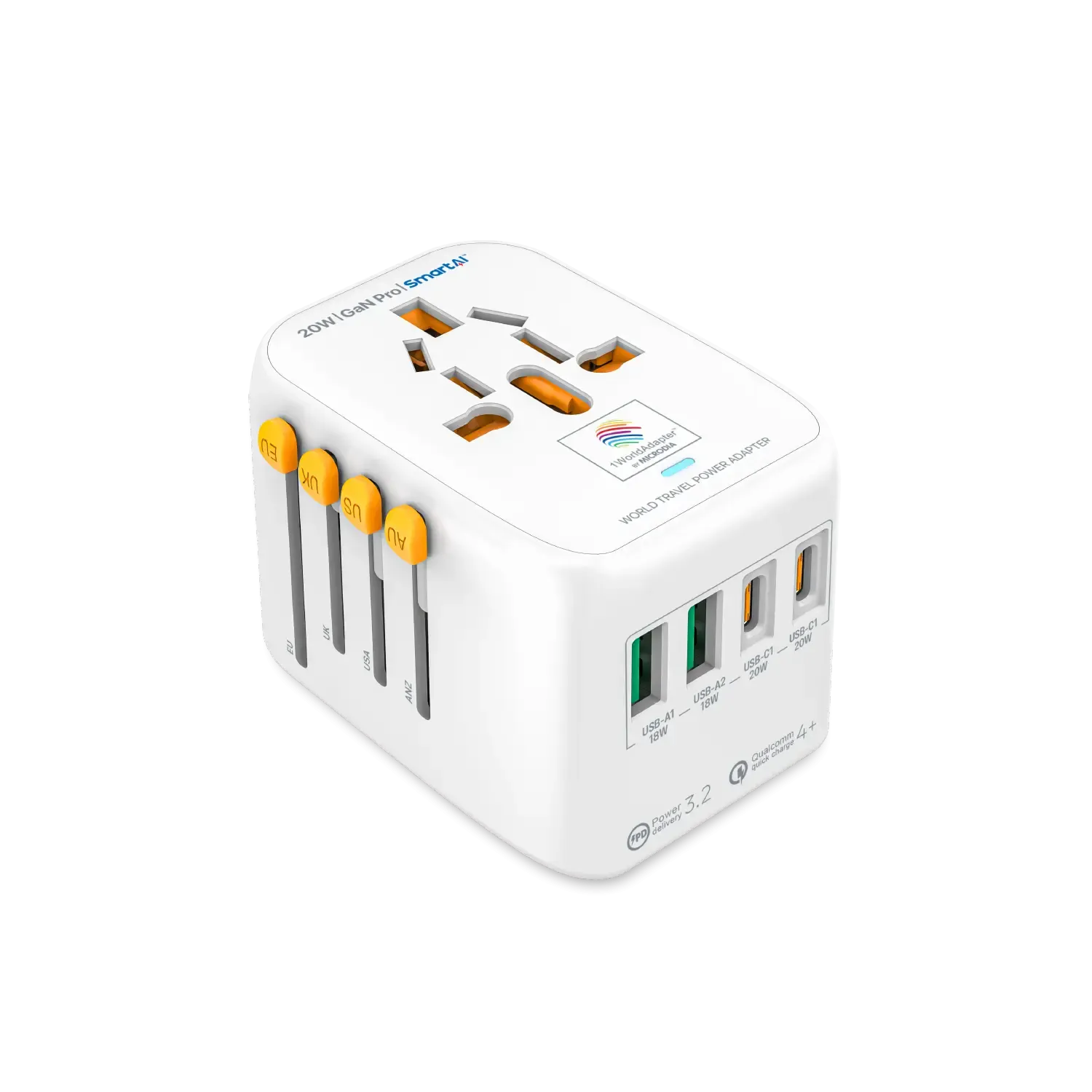 1WorldAdapter™ PD20W GaN Pro™ with 2 x USB-C PD3.2 & 2x USB-A QC4  PPS Fast Charging