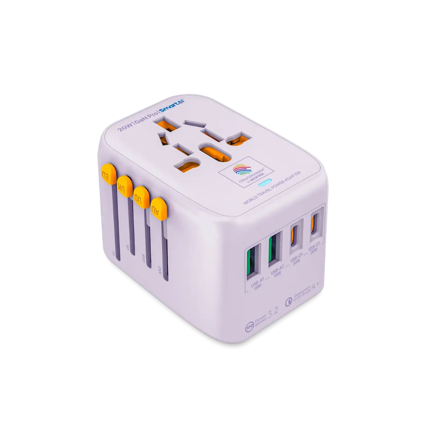 1WorldAdapter™ PD20W GaN Pro™ with 2 x USB-C PD3.2 & 2x USB-A QC4  PPS Fast Charging