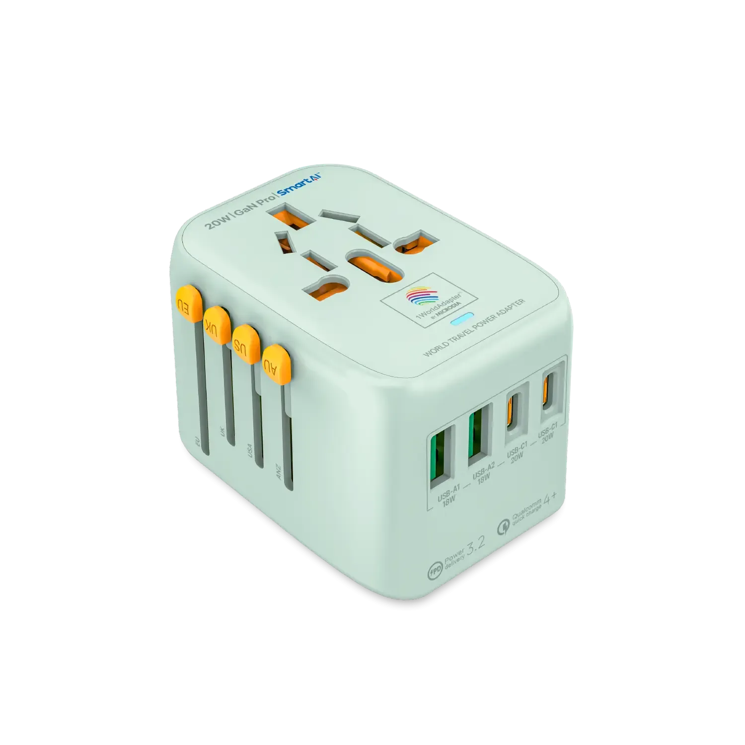 1WorldAdapter™ PD20W GaN Pro™ with 2 x USB-C PD3.2 & 2x USB-A QC4  PPS Fast Charging
