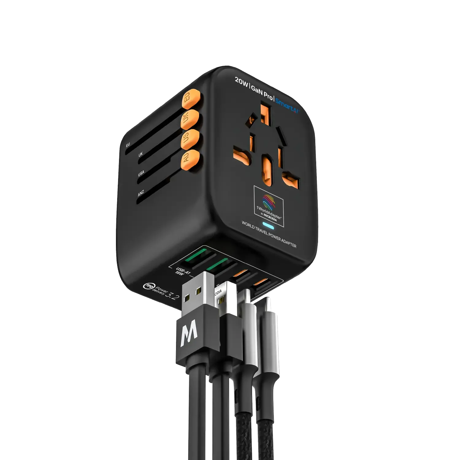 1WorldAdapter™ PD20W GaN Pro™ with 2 x USB-C PD3.2 & 2x USB-A QC4  PPS Fast Charging