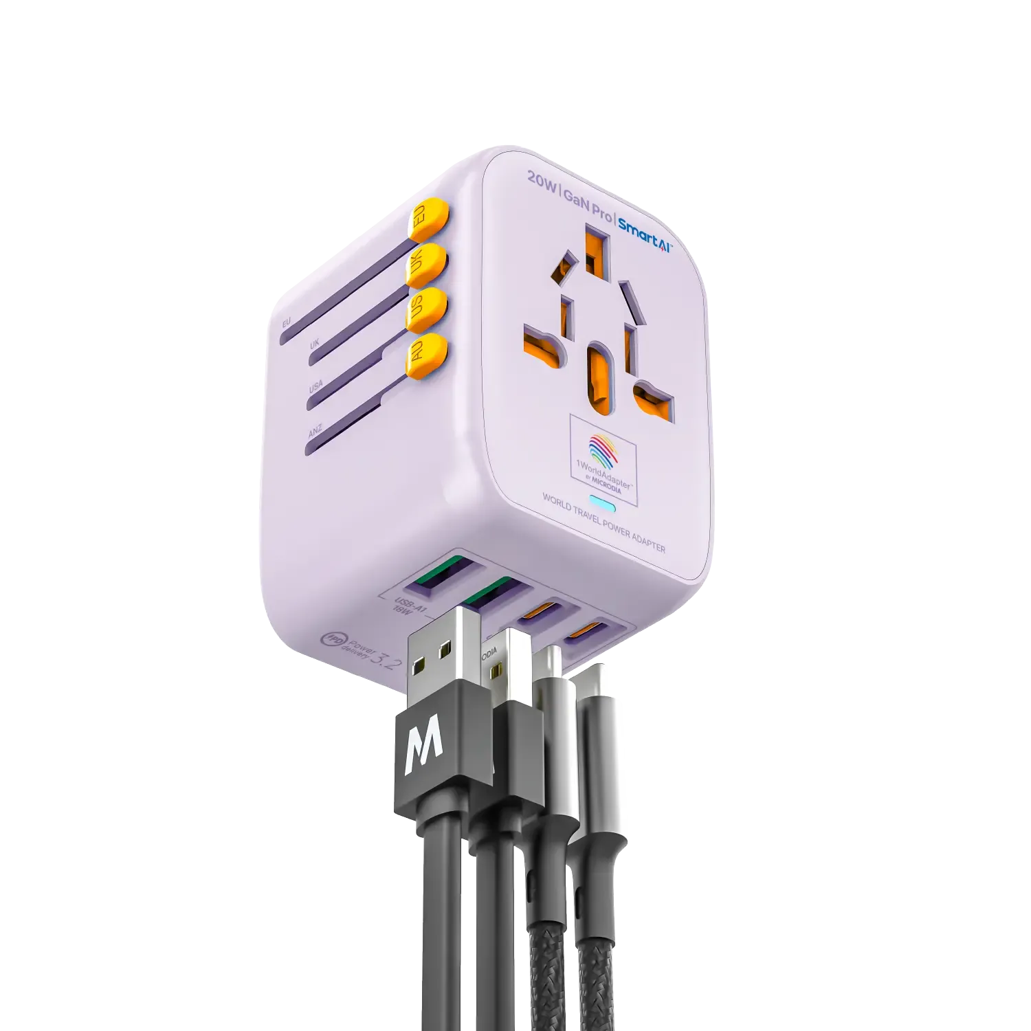 1WorldAdapter™ PD20W GaN Pro™ with 2 x USB-C PD3.2 & 2x USB-A QC4  PPS Fast Charging
