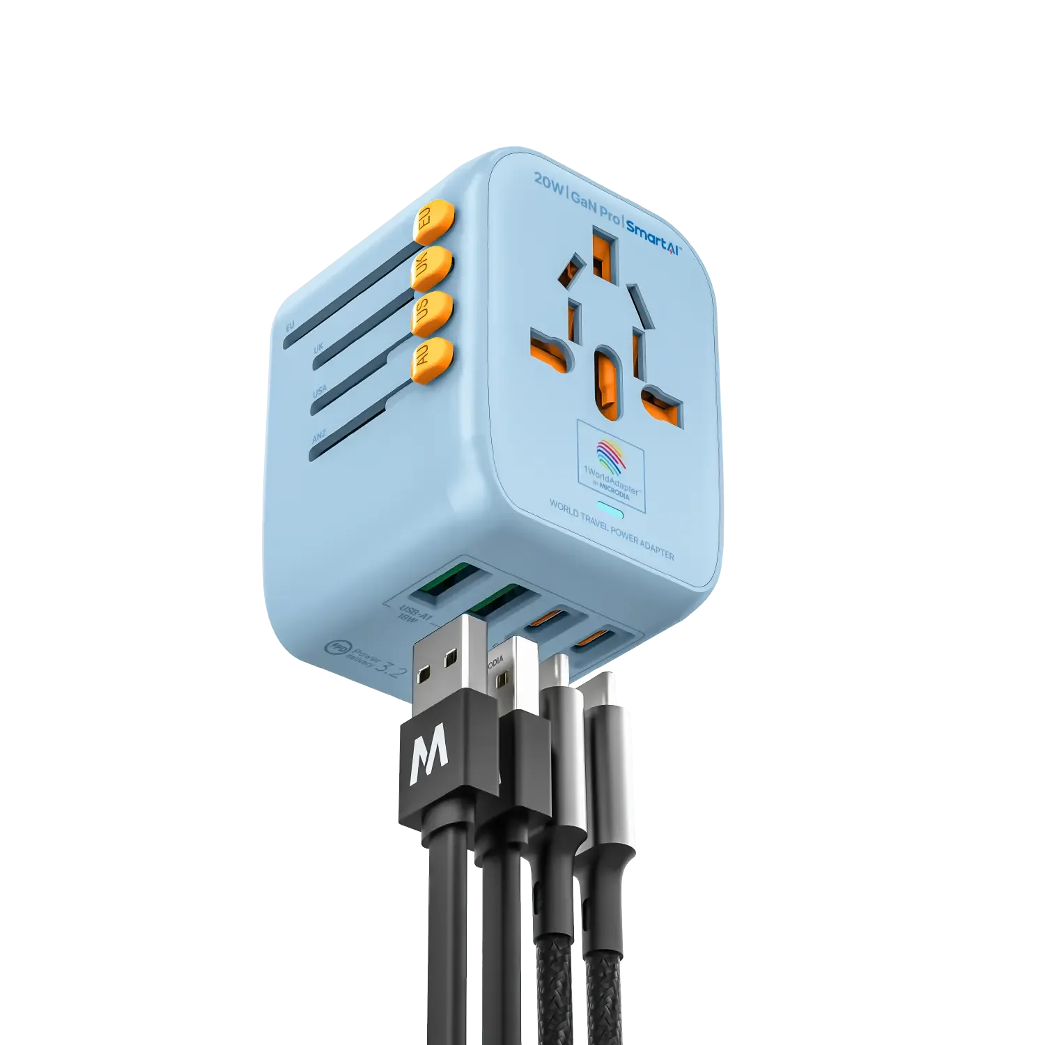 1WorldAdapter™ PD20W GaN Pro™ with 2 x USB-C PD3.2 & 2x USB-A QC4  PPS Fast Charging