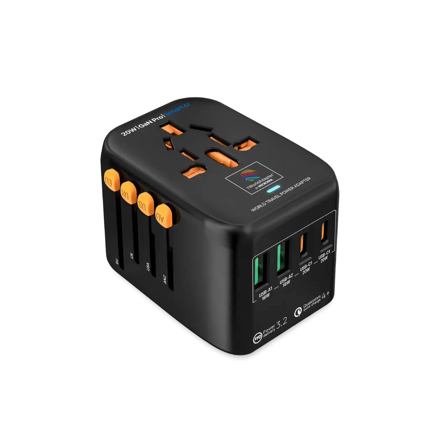 1WorldAdapter™ PD20W GaN Pro™ with 2 x USB-C PD3.2 & 2x USB-A QC4  PPS Fast Charging