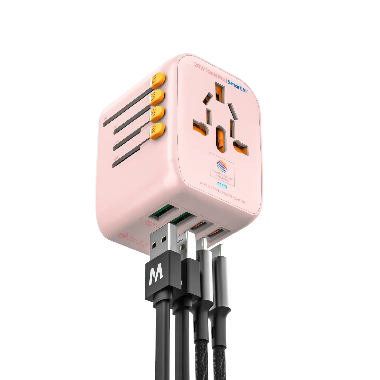 1WorldAdapter™ PD20W GaN Pro™ with 2 x USB-C PD3.2 & 2x USB-A QC4  PPS Fast Charging