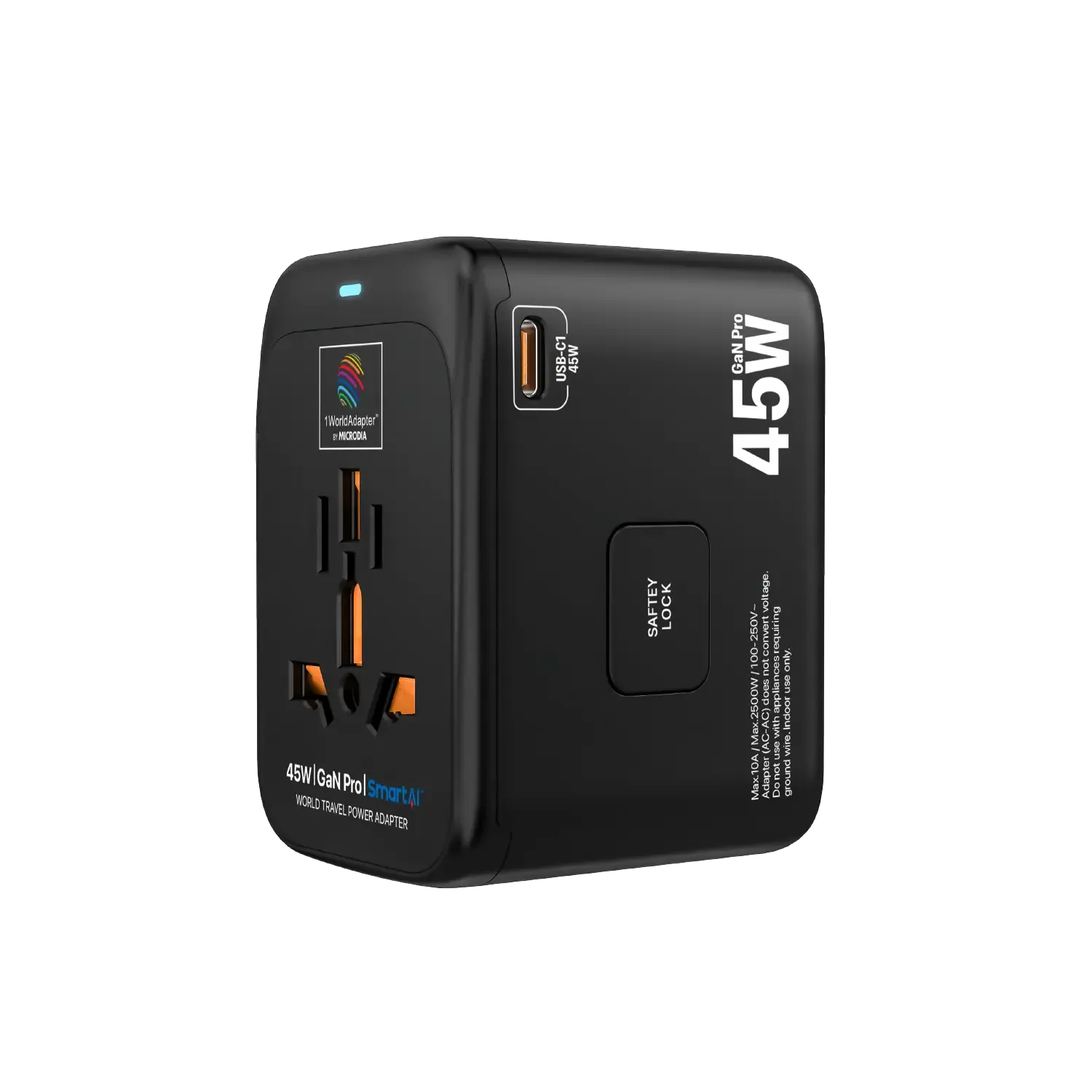 1WorldAdapter™ PD45W GaN Pro™ with 3 x USB-C PD3.2 & USB-A QC4  PPS Fast Charging