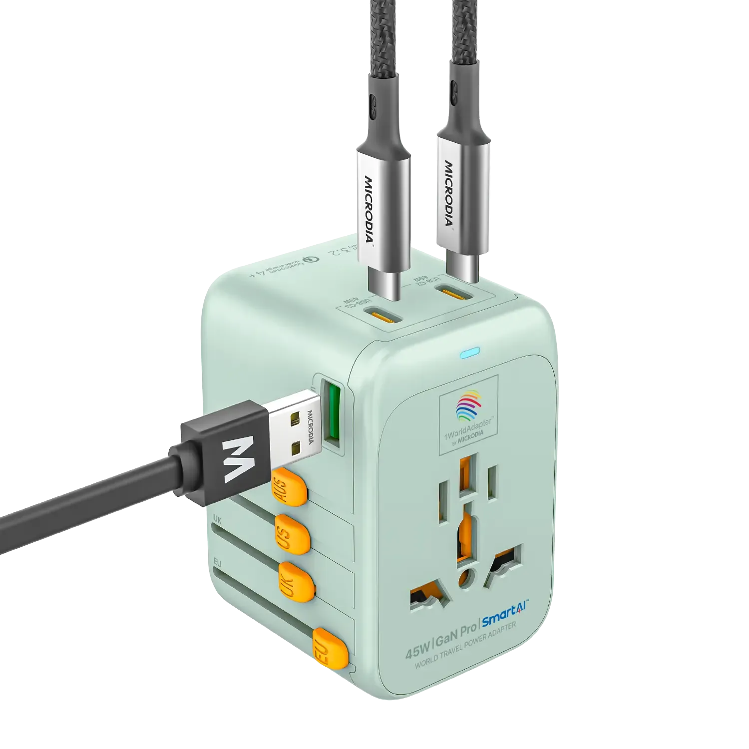 1WorldAdapter™ PD45W GaN Pro™ with 3 x USB-C PD3.2 & USB-A QC4  PPS Fast Charging