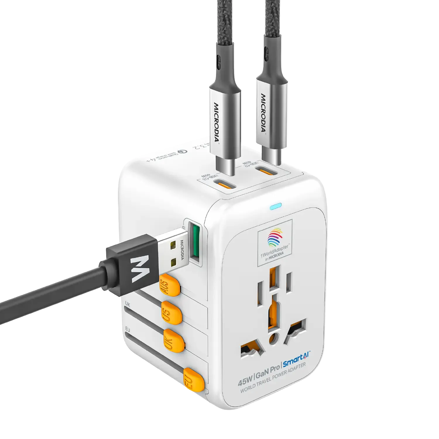 1WorldAdapter™ PD45W GaN Pro™ with 3 x USB-C PD3.2 & USB-A QC4  PPS Fast Charging
