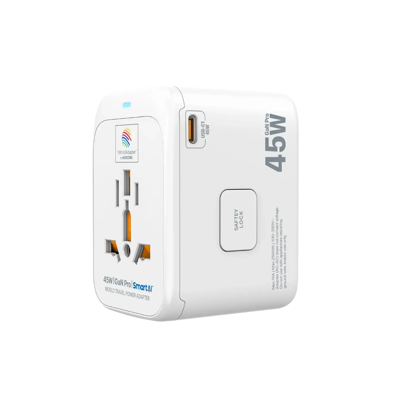 1WorldAdapter™ PD45W GaN Pro™ with 3 x USB-C PD3.2 & USB-A QC4  PPS Fast Charging