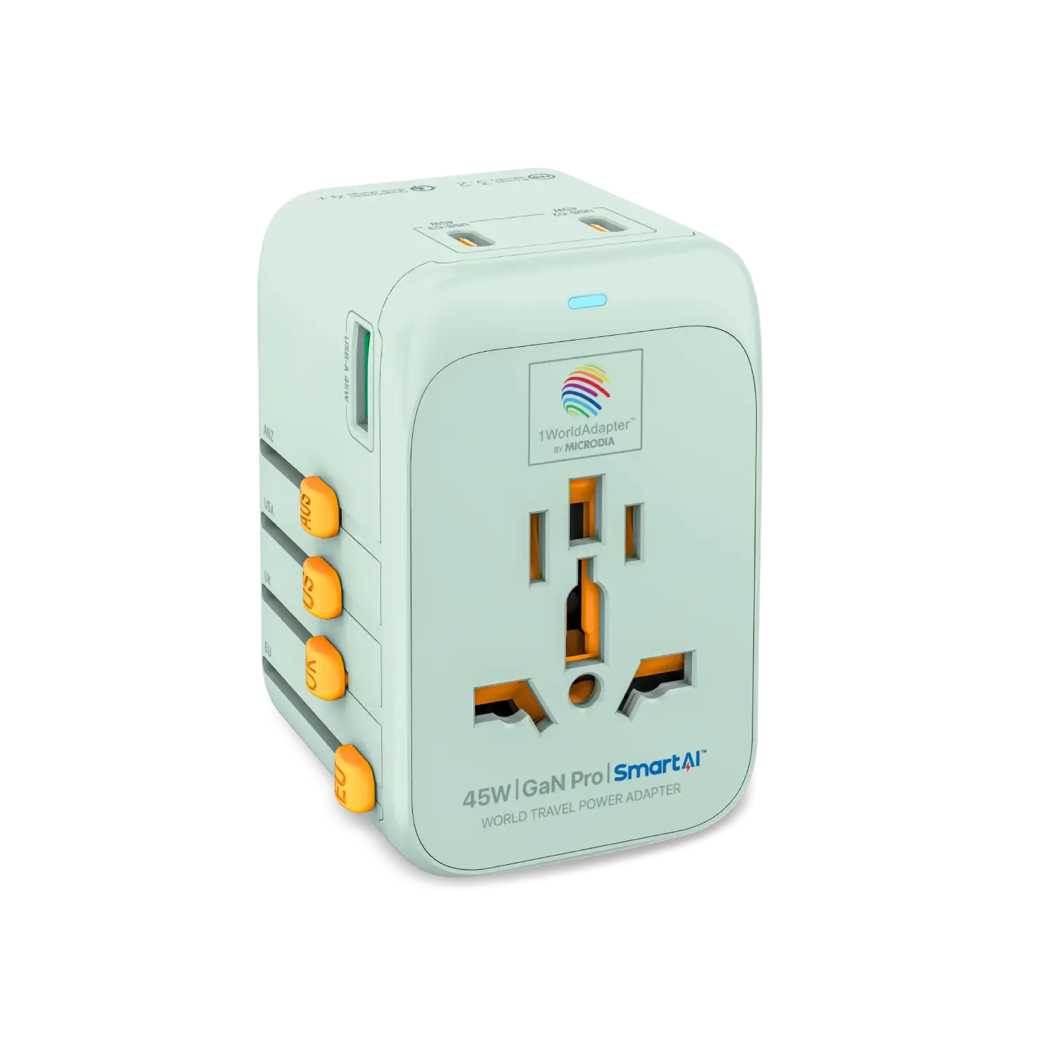 1WorldAdapter™ PD45W GaN Pro™ with 3 x USB-C PD3.2 & USB-A QC4  PPS Fast Charging