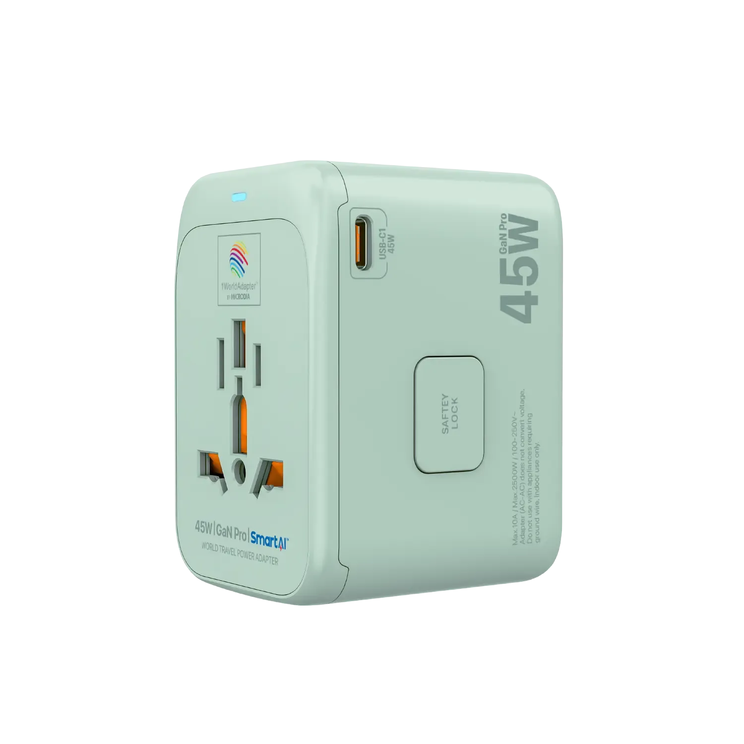 1WorldAdapter™ PD45W GaN Pro™ with 3 x USB-C PD3.2 & USB-A QC4  PPS Fast Charging