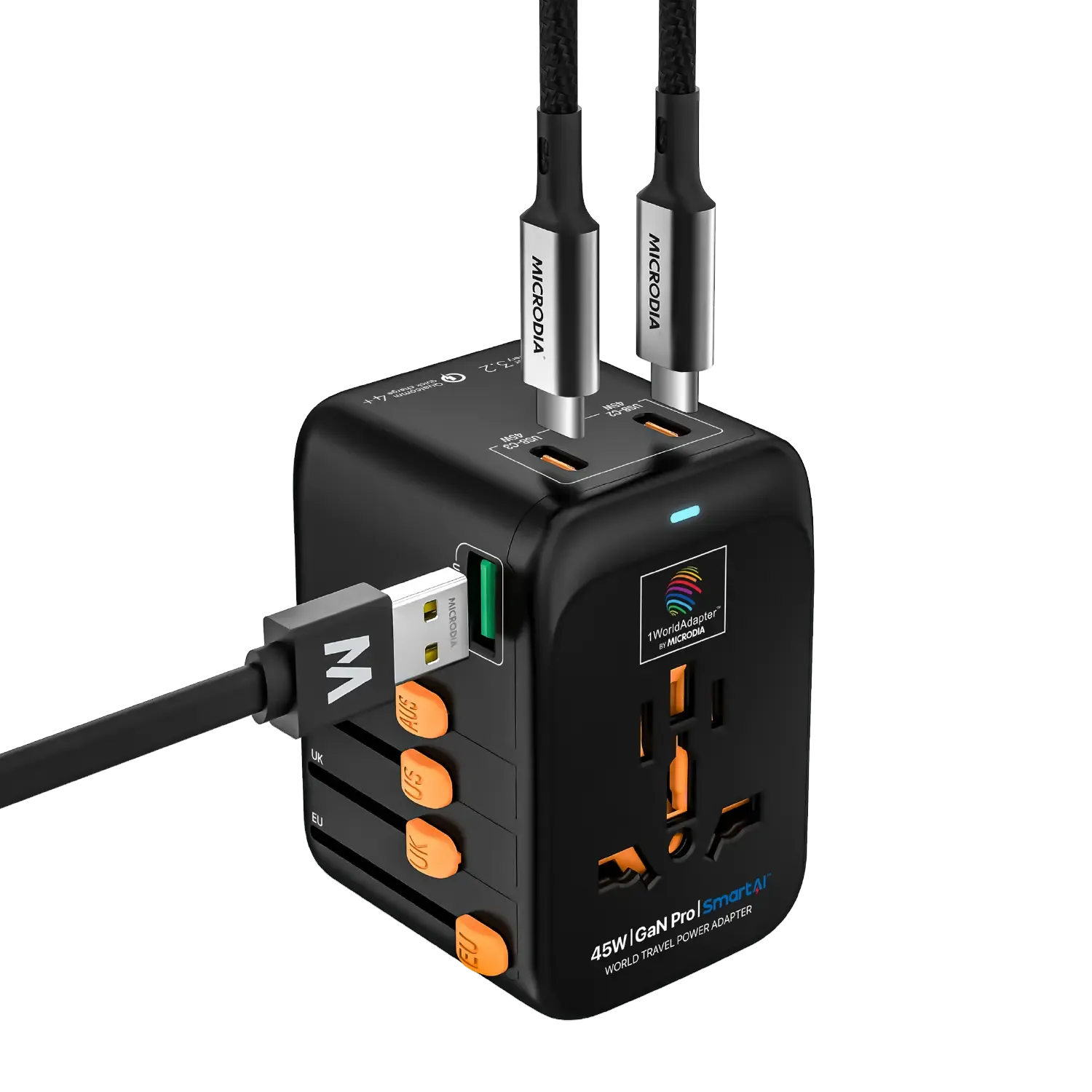 1WorldAdapter™ PD45W GaN Pro™ with 3 x USB-C PD3.2 & USB-A QC4  PPS Fast Charging