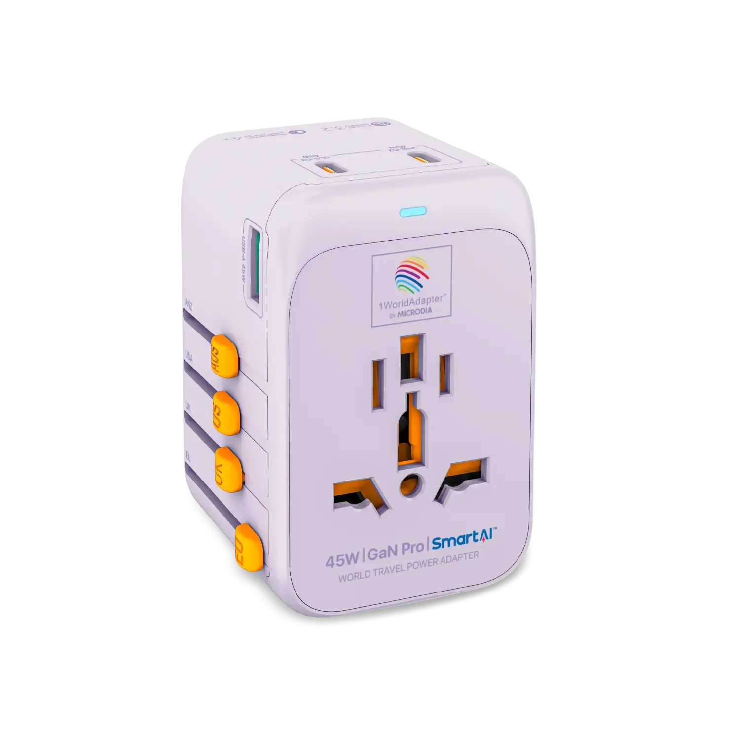 1WorldAdapter™ PD45W GaN Pro™ with 3 x USB-C PD3.2 & USB-A QC4  PPS Fast Charging