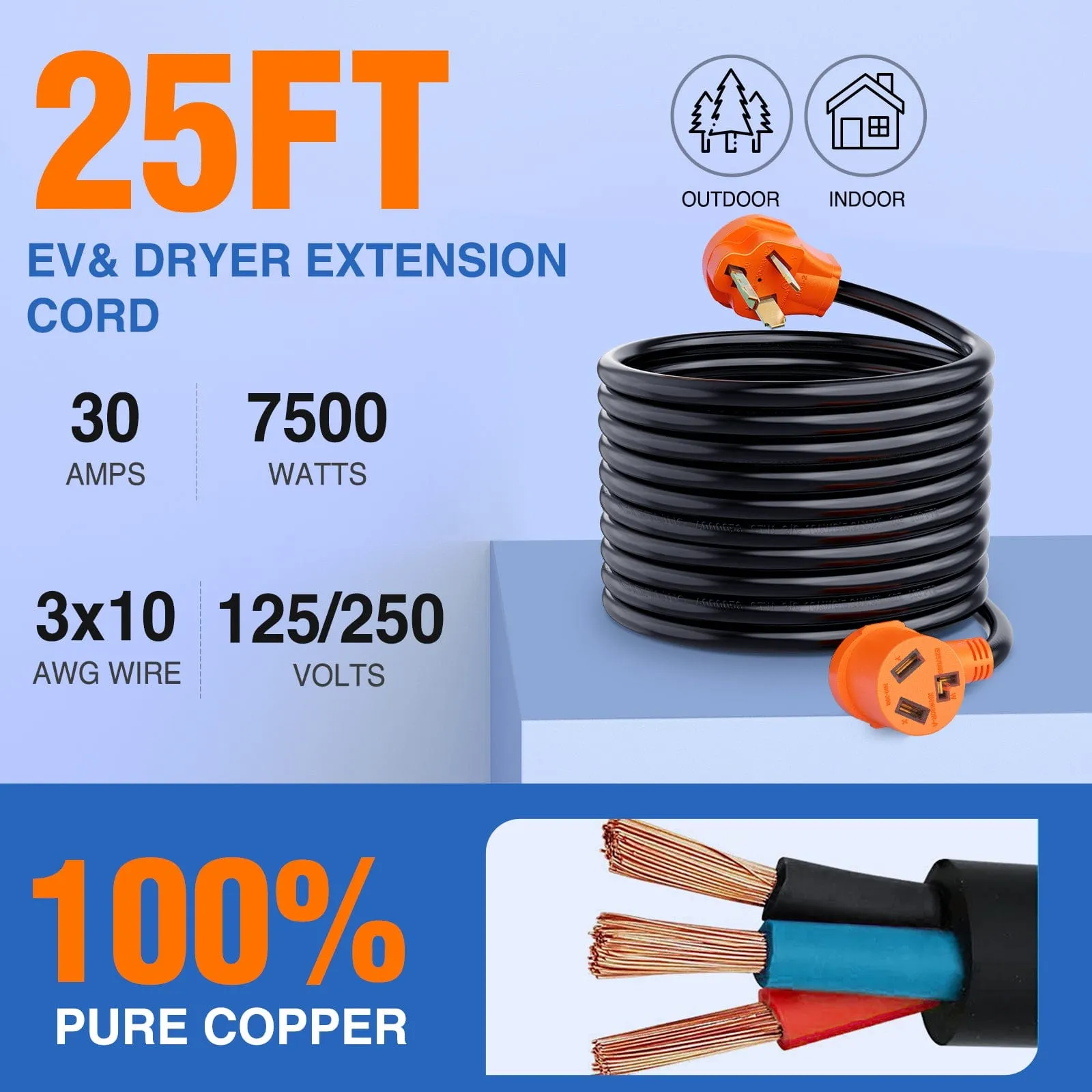 30 Amp 25FT 3 Prong EV Dryer Extension Cord