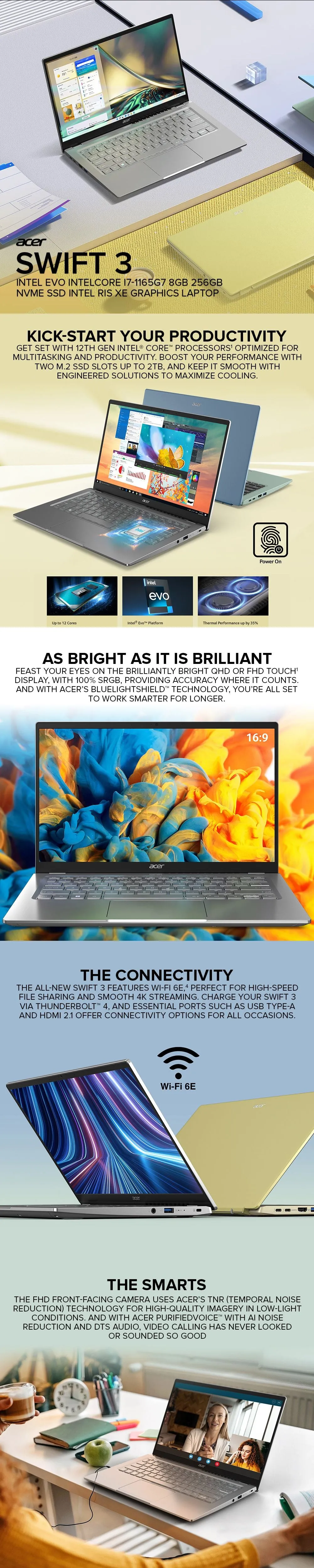 Acer Swift 3Intel Evo Intel Core i7-1165G7 8GB 256GB NVMe SSD Intel Iris Xe Graphics Win10 Laptop PS