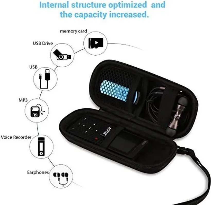 AGPTEK Carrying Case, EVA Zipper Carrying Hard Case Cover for Digital Voice Recorders, MP3 Players, USB Cable, Earphones-Bose QC20, Memory Cards, U Disk, Black