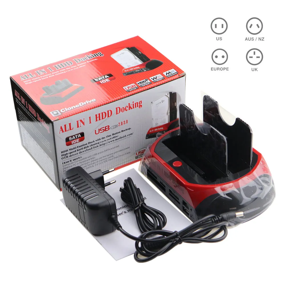 All in One Dual Bay 2.5 Inch 3.5 Inch HDD Docking Station eSATA USB 2.0 to IDE SATA Hard Disk OTB Backup Dock With Card Reader