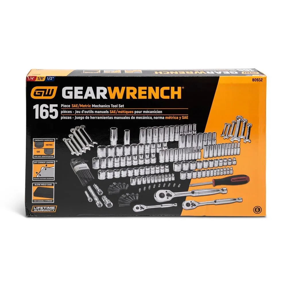 GearWrench 80932 165 Pc. 1/4", 3/8" & 1/2" Drive 6 Point Standard & Deep SAE/Metric Mechanics Tool Set