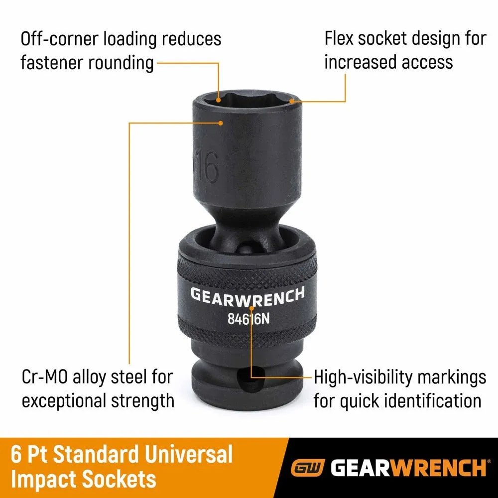 GearWrench 84939N 15 Pc. 1/2" Drive 6 Point Standard Universal Impact Metric Socket Set