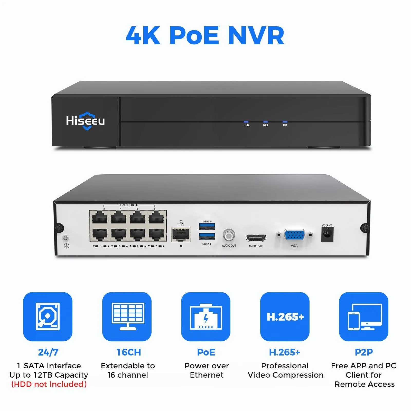 Hiseeu 4K PoE Network Video Recorder NVR, Support 4K/2K/8MP/5MP/3MP/1080P PoE Camera, Free Remote Access, Motion Alarm, 24/7 Recording, Smart Playback, No Hard Disk Drive