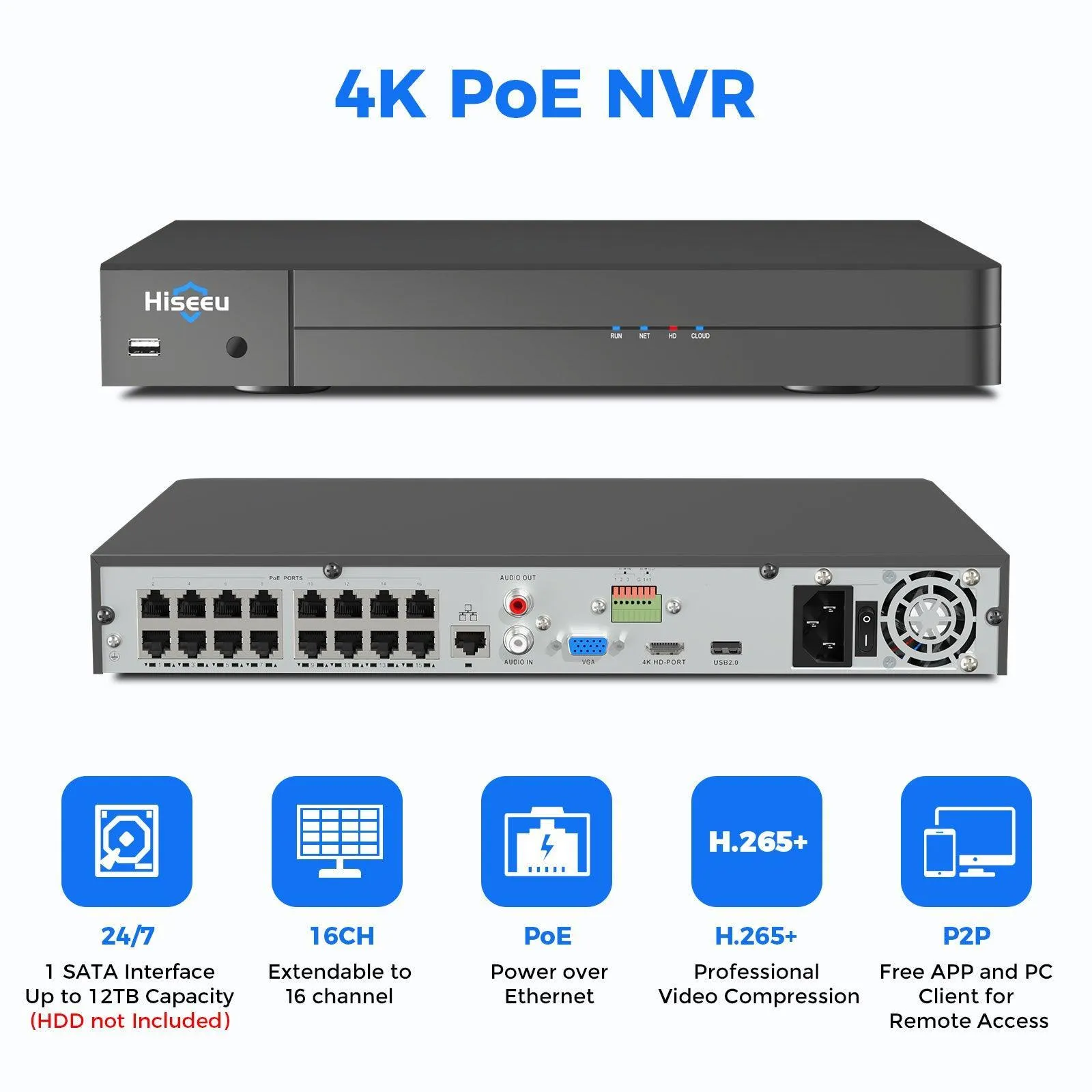 Hiseeu 4K PoE Network Video Recorder NVR, Support 4K/2K/8MP/5MP/3MP/1080P PoE Camera, Free Remote Access, Motion Alarm, 24/7 Recording, Smart Playback, No Hard Disk Drive