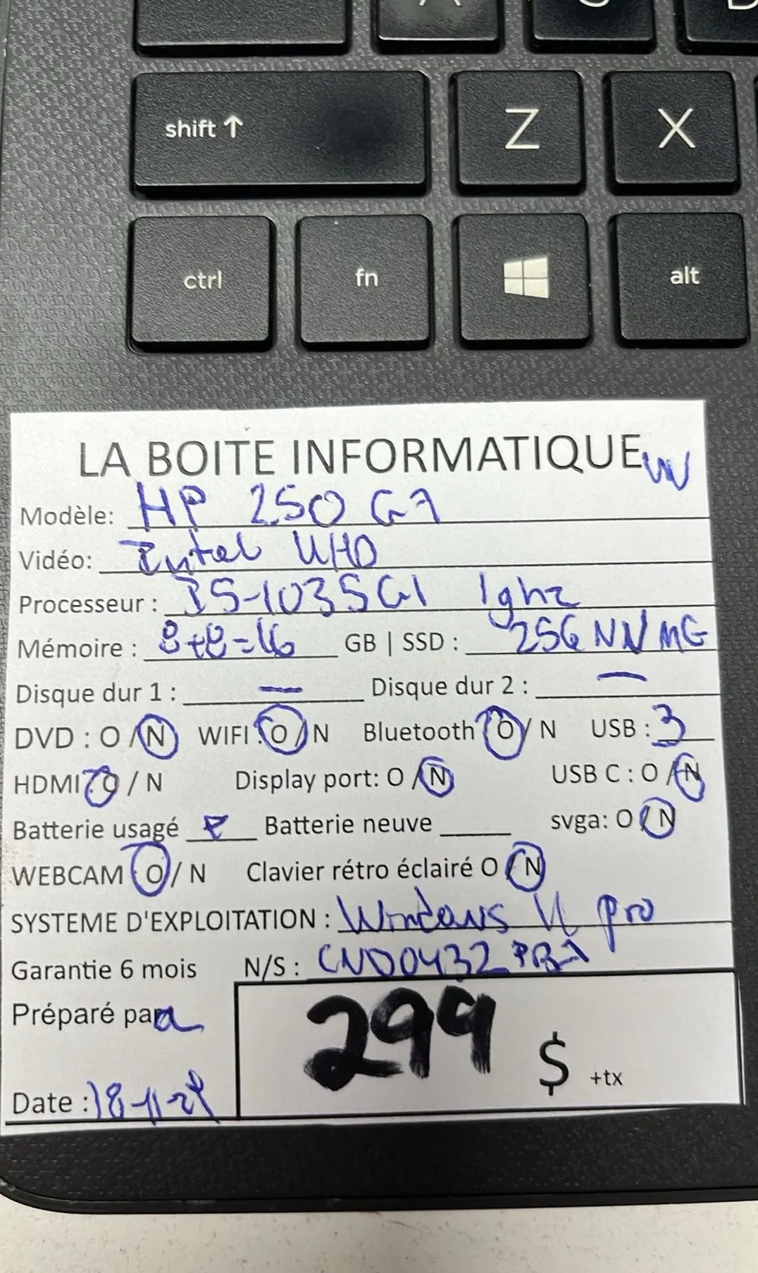 Laptop HP 250 G7 i5-1035G1 16Go SSD 256Go NVMe HDMI garantie 1 an   tx