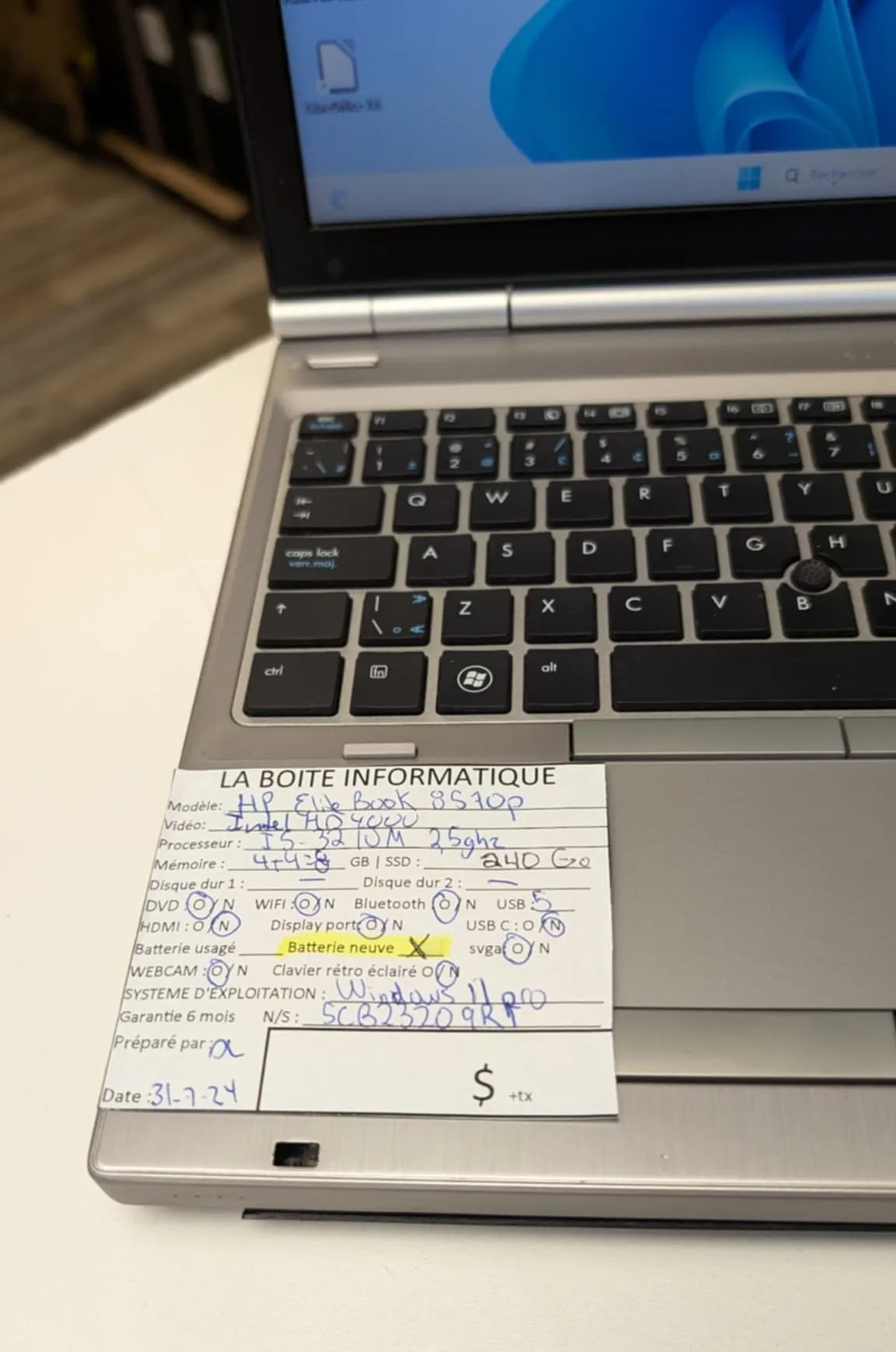 Laptop HP EliteBook 8570p Batterie Neuve i5-3210M 2,5Ghz 8Go SSD 240Go garantie 6 mois   tx