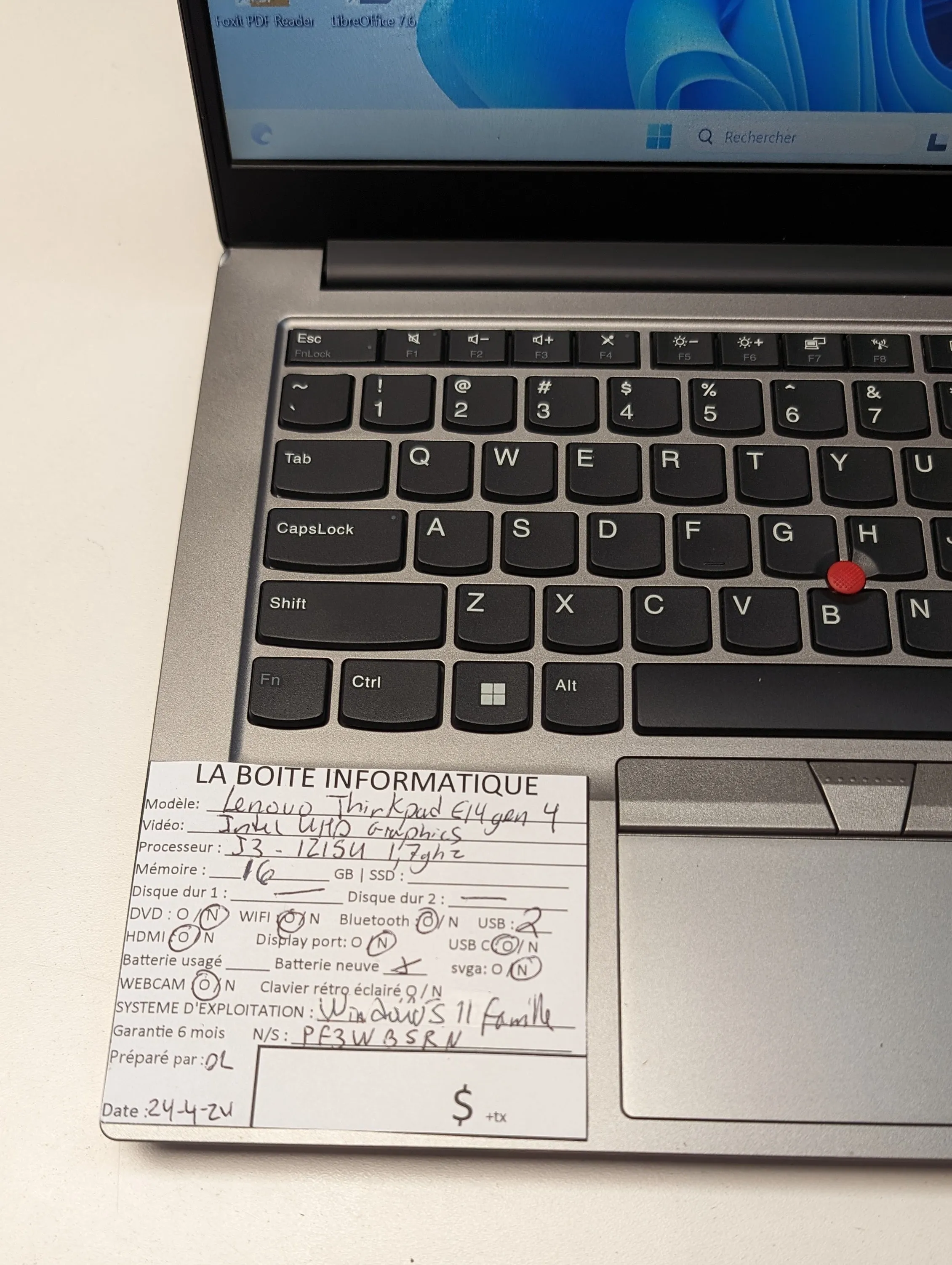 Laptop Lenovo ThinkPad E14 Gen 4 i3-1215u 16Go SSD 256Go 14po HDMI