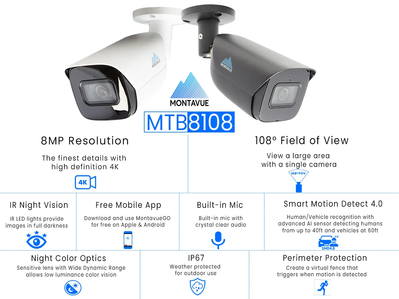 MTB8108-X Package | 8MP 4K SMD 4.0 Bullet Cameras and 16 Channel NVR with 3TB HDD