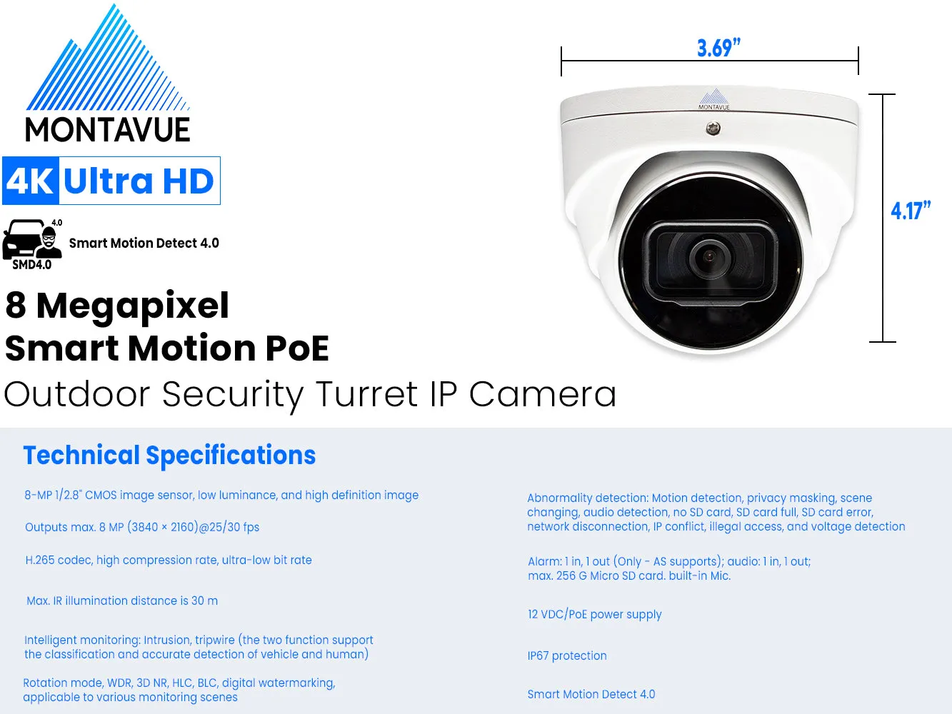 MTT8108-X Package | 8MP 4K SMD 4.0 Turret Cameras and 8 Channel NVR with 2TB HDD