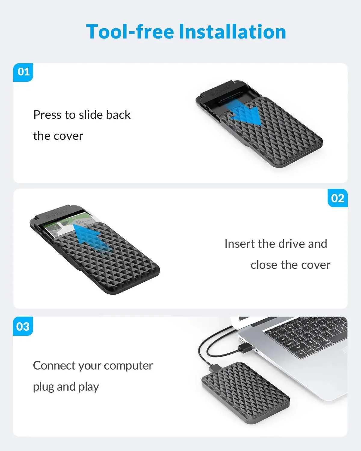 ORICO-2520U3-BK-EP 2.5" SATA USB3.0 HDD Portable External Enclosures Case(7mm and 9.5mm,4TB,Tool-Free Design,UASP)