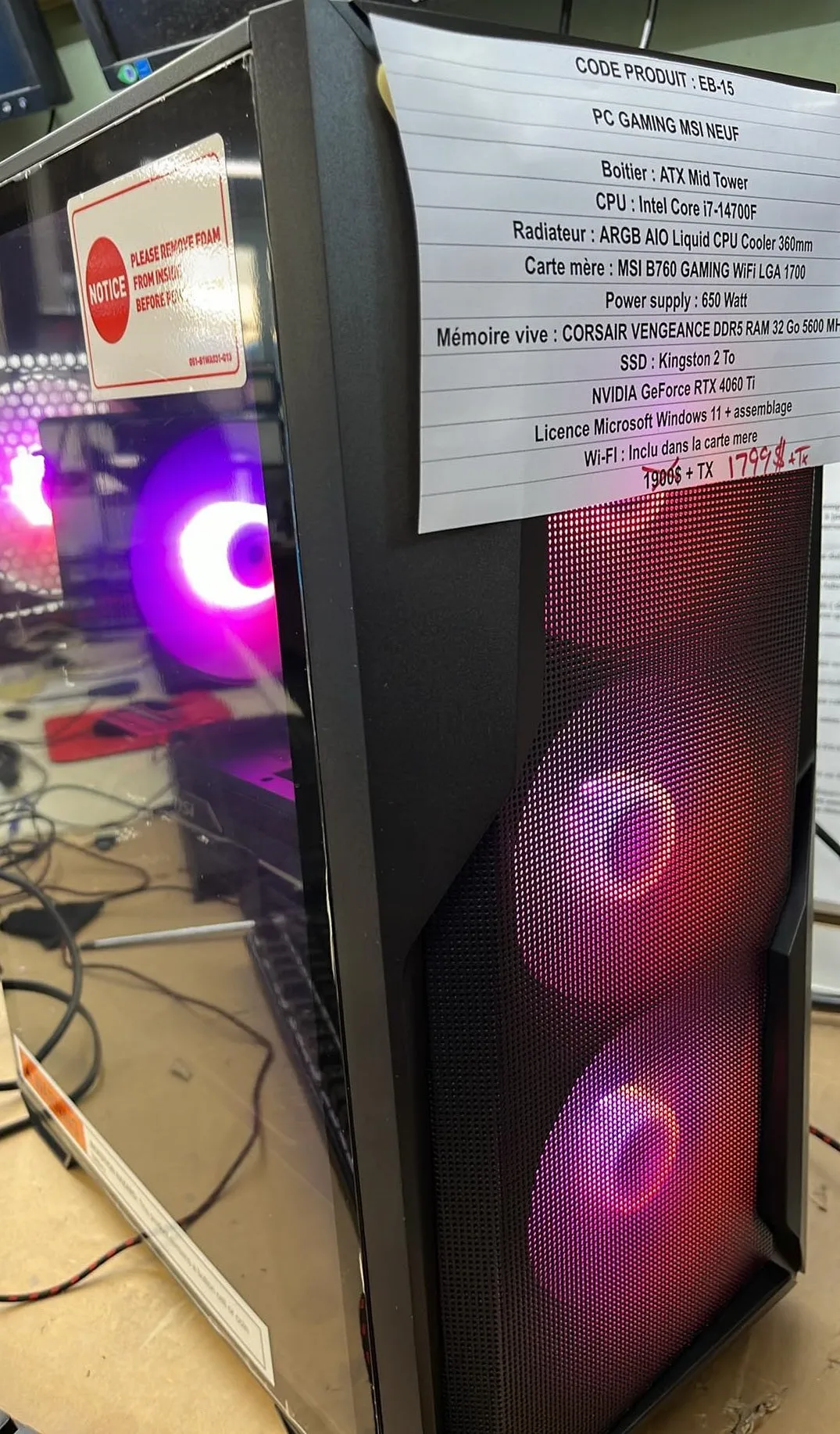 PC GAMING NEUF MSI i7-14700F GeForce RTX 4060 32GB DDR5 5600Mhz SSD 2TB WiFi