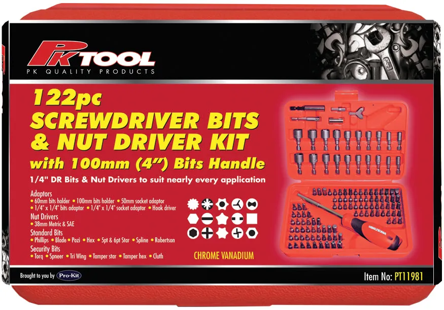 PKTool 122 Piece Bit Driver Set Including Hex, Star, Tamperproof Star, Clutch, Tri-Wing, Spanner, Spline and Square Bits - PT11981
