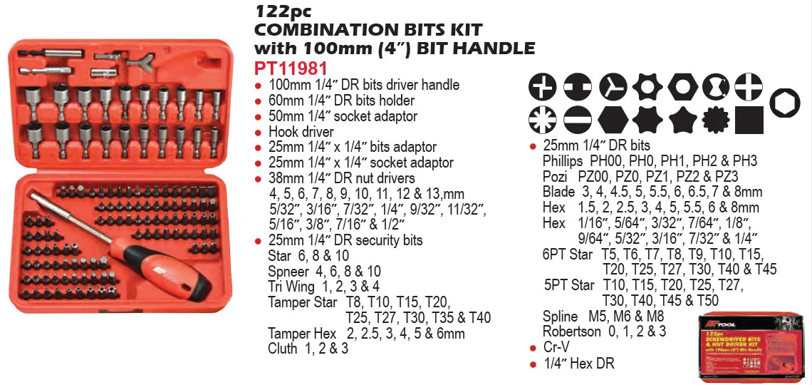 PKTool 122 Piece Bit Driver Set Including Hex, Star, Tamperproof Star, Clutch, Tri-Wing, Spanner, Spline and Square Bits - PT11981