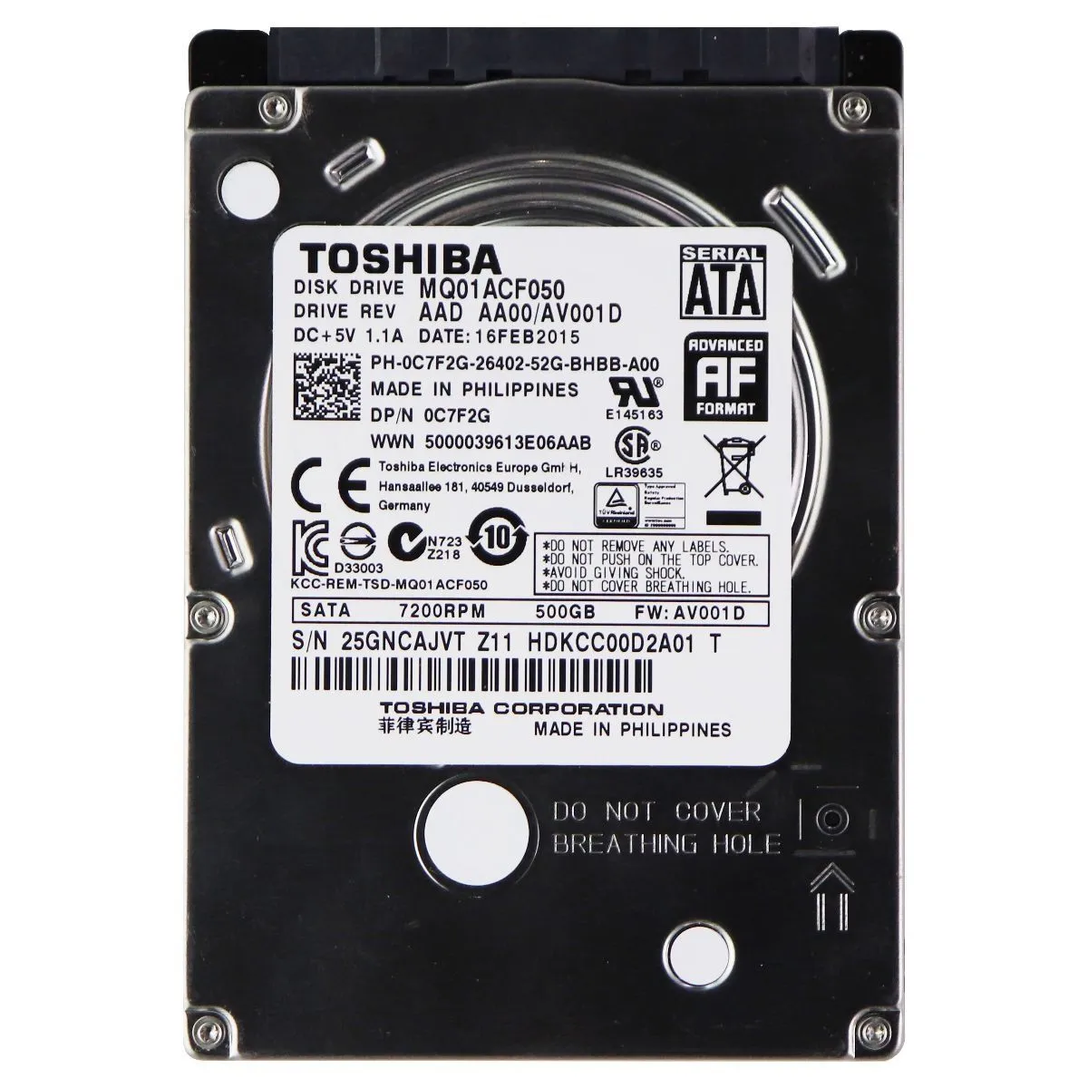 Toshiba (500GB) 7200RPM 2.5 SATA HDD Hard Drive (MQ01ACF050)