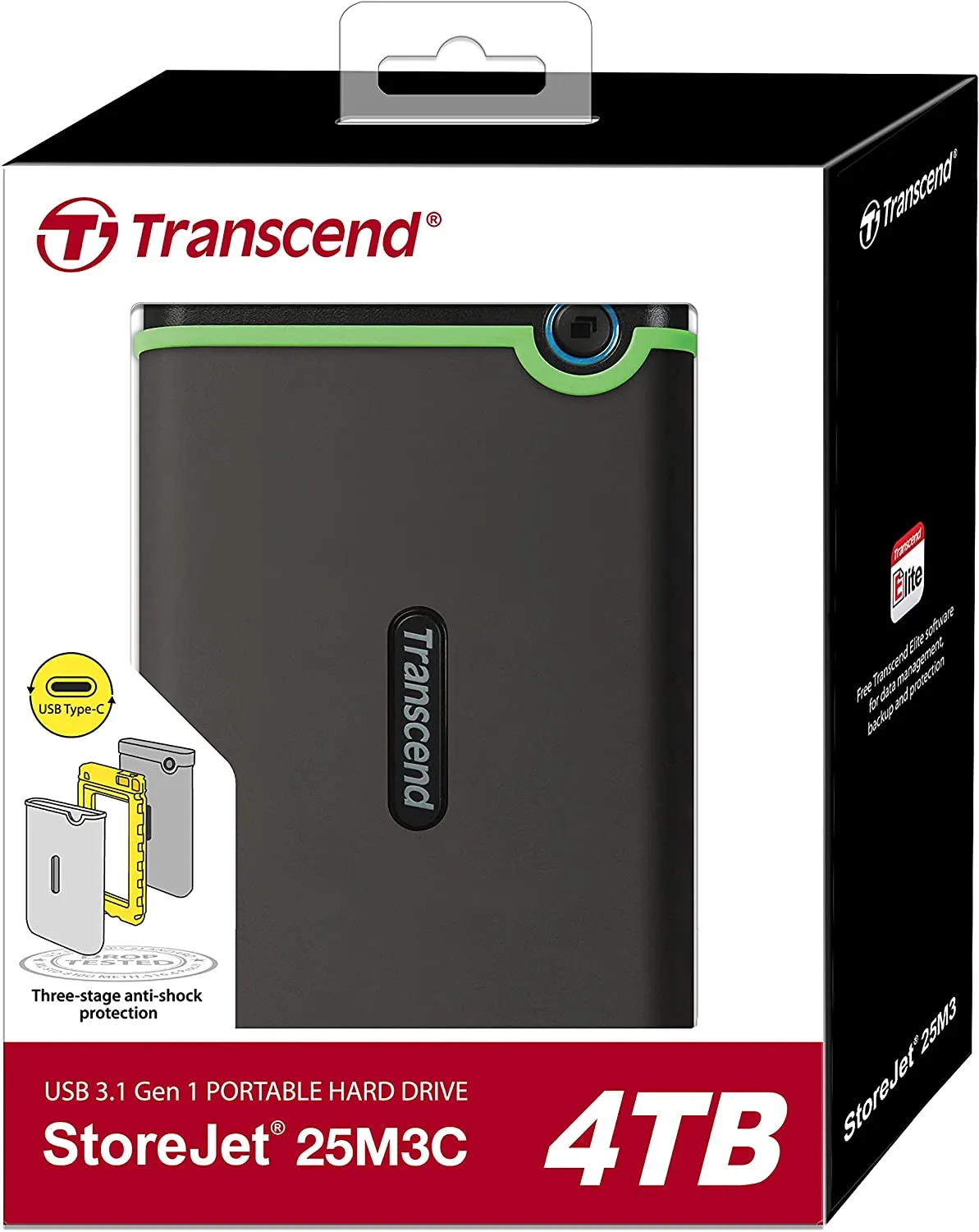 Transcend 4TB USB3.1 USB Type-C StoreJet  Rugged External Hard Drive (TS4TSJ25M3C) - Grey