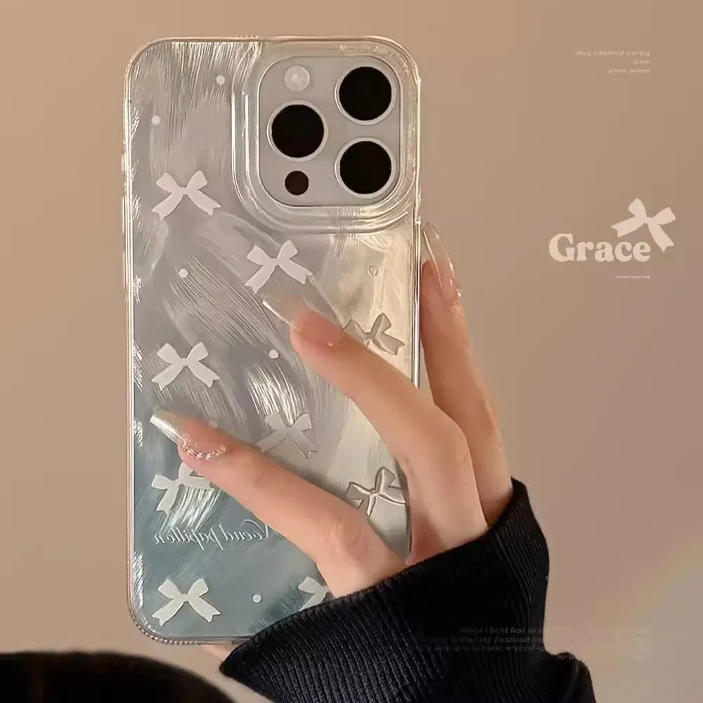 Uakiss Luxury Laser Silver Bow knot Case for iPhone 16 15 14 13 12 11 Pro Max Plus 16E 7 8 SE2 X XS Max XR Shockproof Bumper Fundas