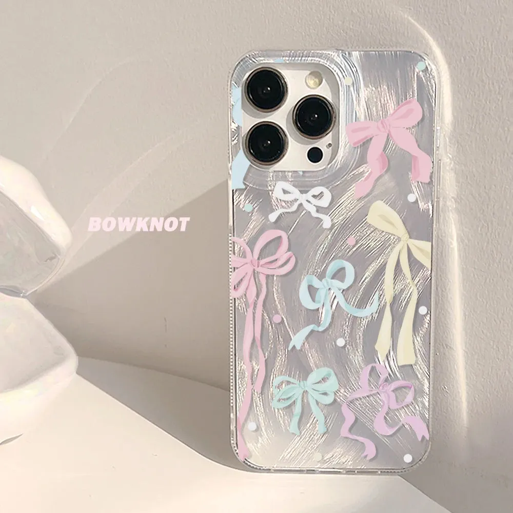 Uakiss Luxury Laser Silver Bow knot Case for iPhone 16 15 14 13 12 11 Pro Max Plus 16E 7 8 SE2 X XS Max XR Shockproof Bumper Fundas
