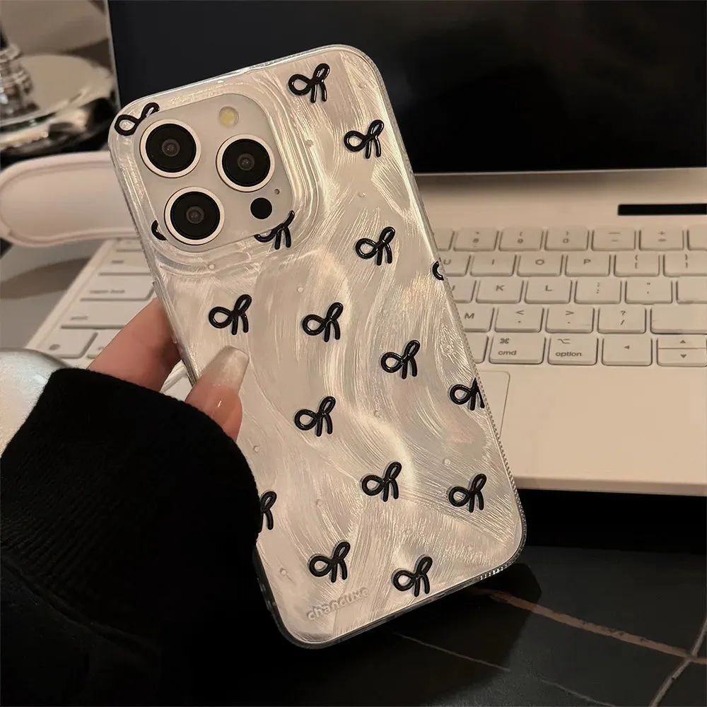 Uakiss Luxury Laser Silver Bow knot Case for iPhone 16 15 14 13 12 11 Pro Max Plus 16E 7 8 SE2 X XS Max XR Shockproof Bumper Fundas