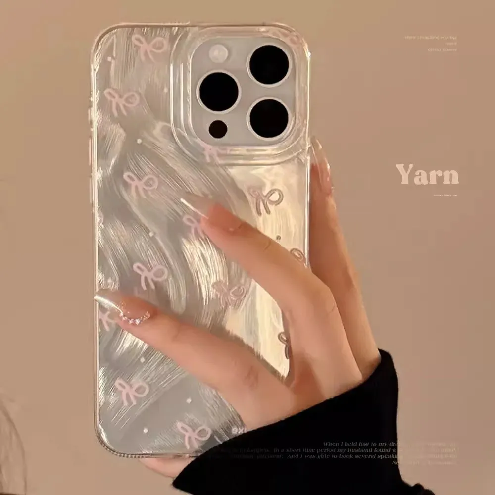Uakiss Luxury Laser Silver Bow knot Case for iPhone 16 15 14 13 12 11 Pro Max Plus 16E 7 8 SE2 X XS Max XR Shockproof Bumper Fundas