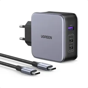 UGREEN 140W Nexode(EU) 3-Port USB C GaN II Charger Support PD 3.1 USB C Power Supply, GaN Tech Compatible with MacBook Pro 16" 2021, Dell XPS, iPhone 14 Pro Max/Pro/14/13, Galaxy S22 Only Charger,With USB Cable (90549)