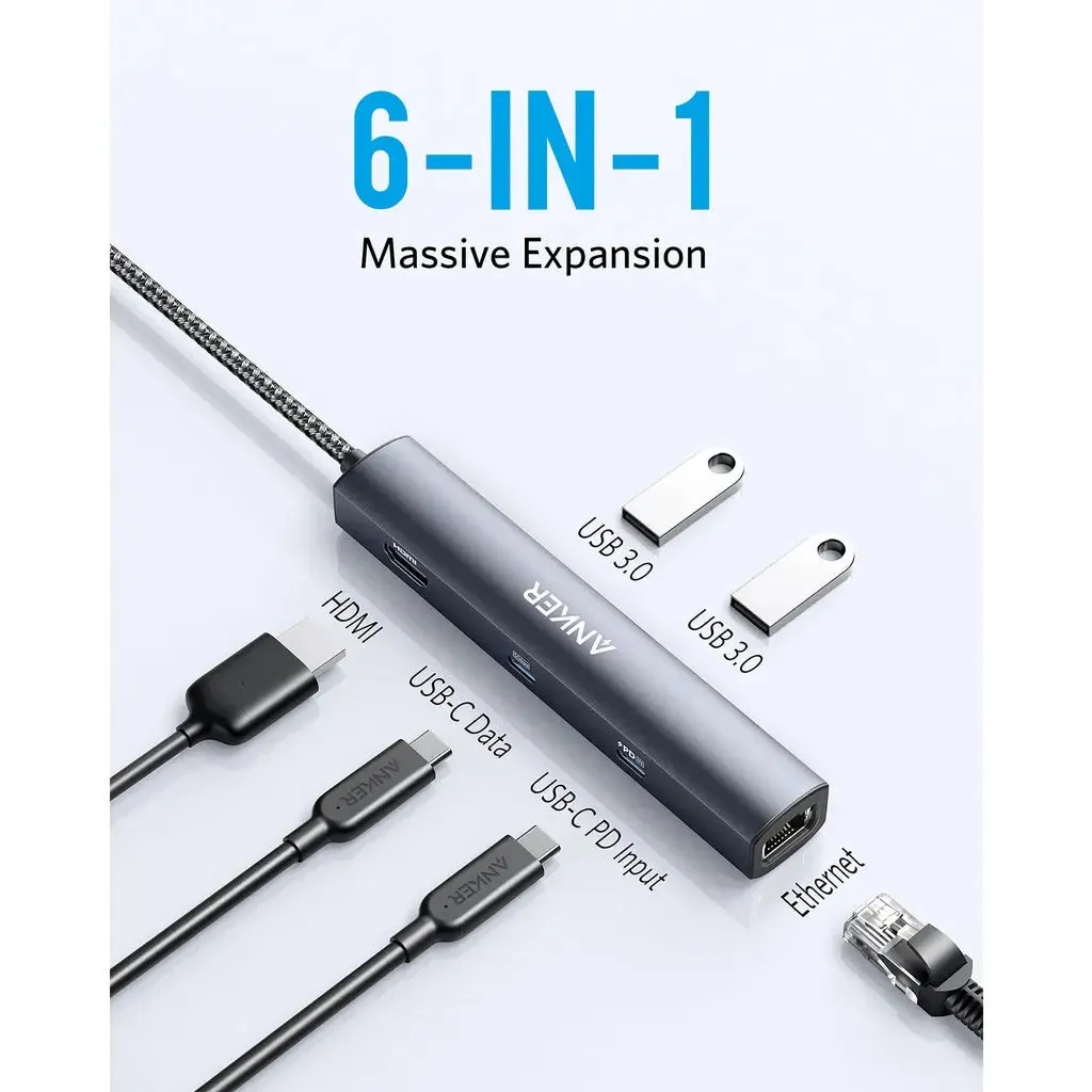 USB C Hub, PowerExpand 6-in-1 USB C PD Ethernet Hub Adapter