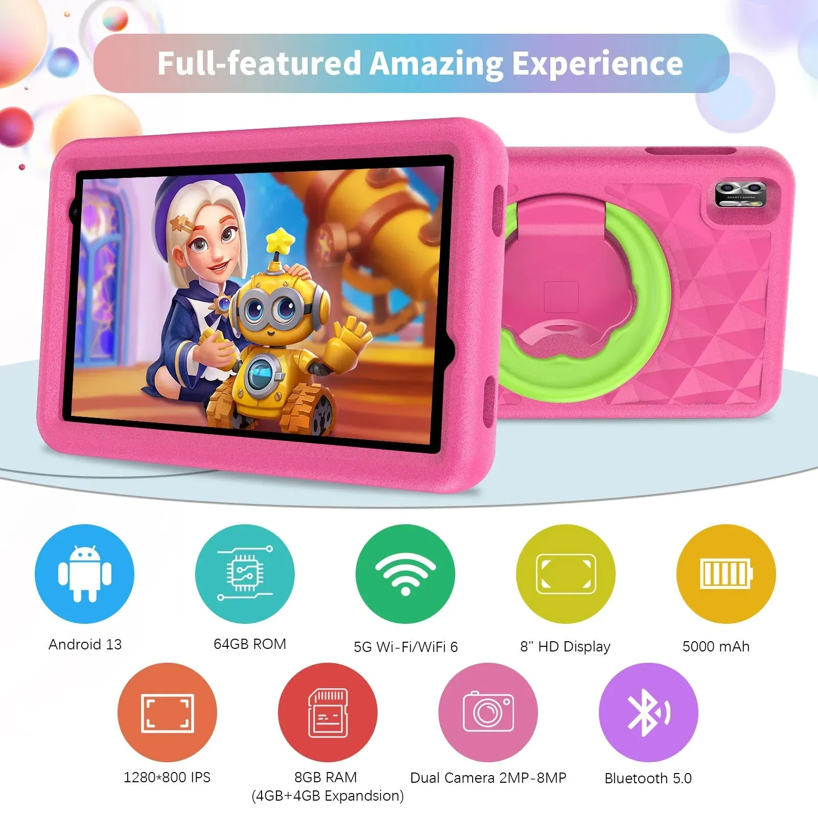 VASOUN Kids Tablet 8 Inch, Android 13 Quad Core, 8Gb(4 4Expand)Ram 64Gb ROM, 5000Mah, Dual Camera, Wifi, Parental Control