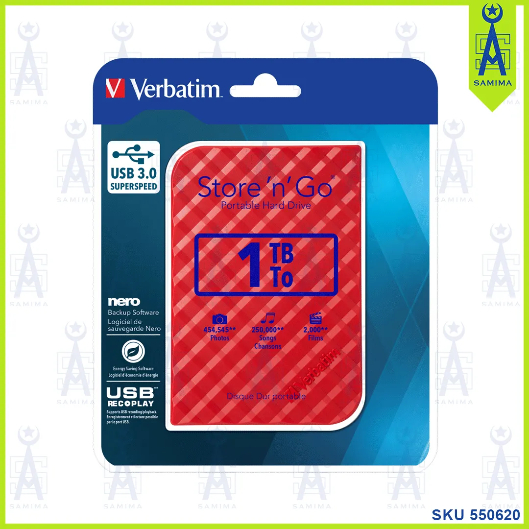 VERBATIM 1TB RED PORTABLE EXTERNAL HARD DRIVE