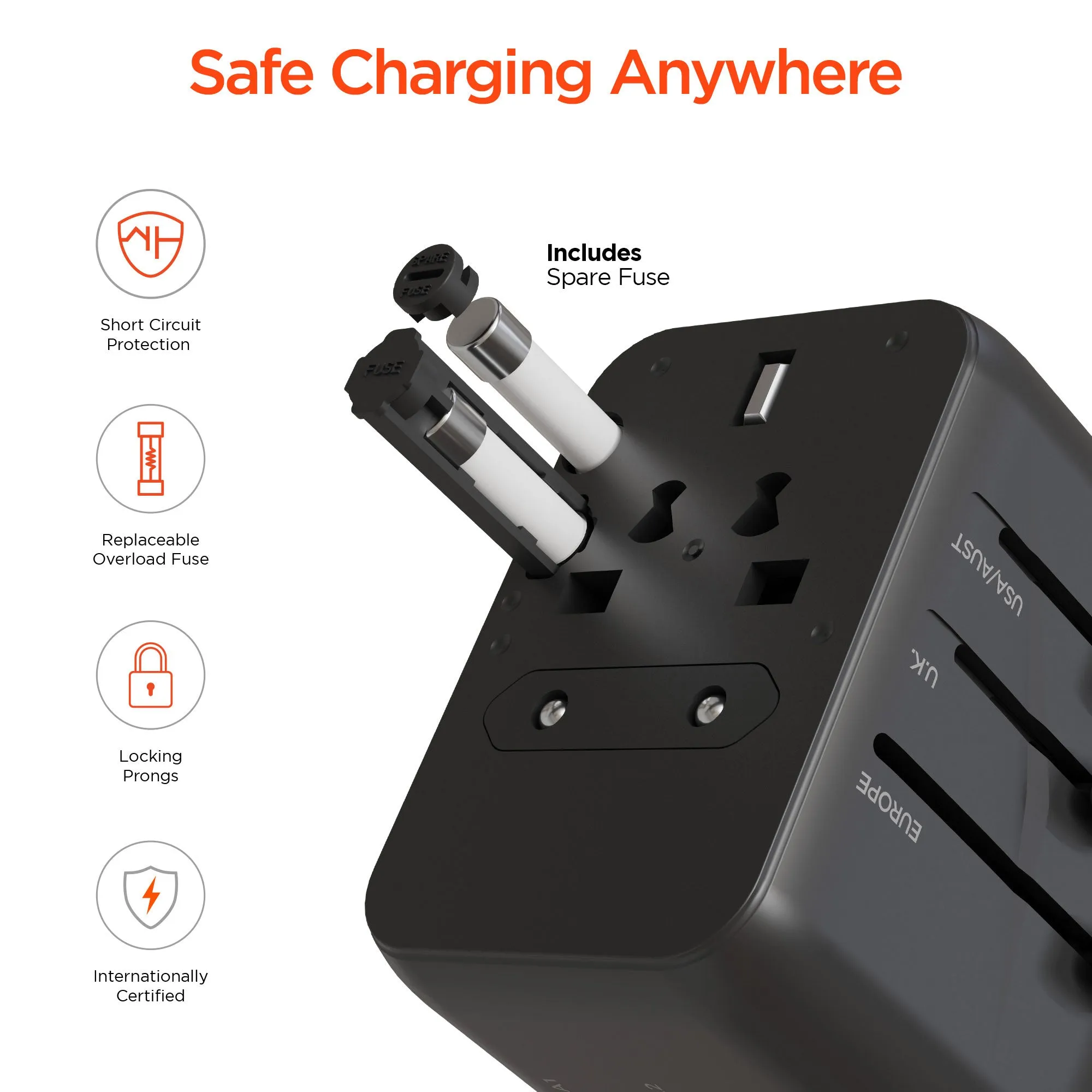 WorldCharge Universal Travel Adapter with USB-C | Black